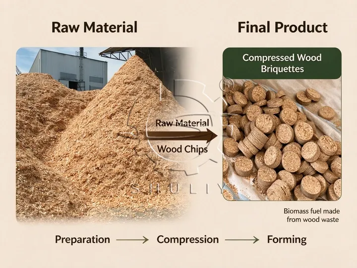 Raw materials and finished products of the biomass fuel briquette machine